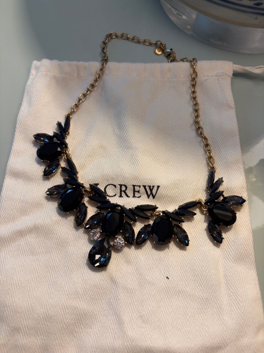J. Crew Black Crystal Bib Necklace with Gold Chain